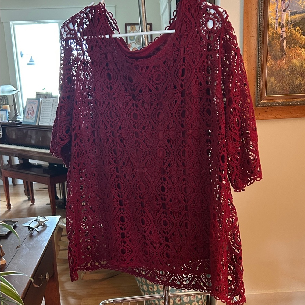 CJ Banks Burgundy Lace Overblouse